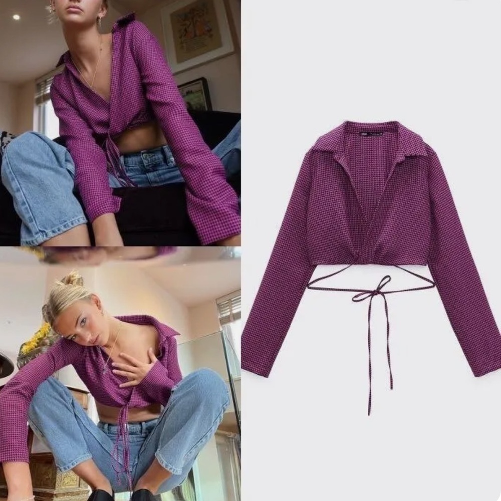 Zara Purple Houndstooth V-Neck Long Sleeve Crop Top XXL C2